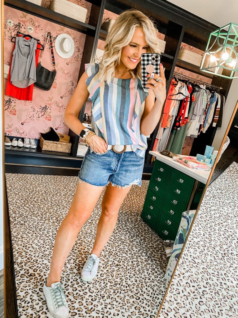 Gibson and the Motherchic Sunshine Collection by popular Nashville fashion blog, Hello Happiness: image of a woman wearing a Gibson and the Motherchic Sunshine Collection Virginia Ruffle Tank.