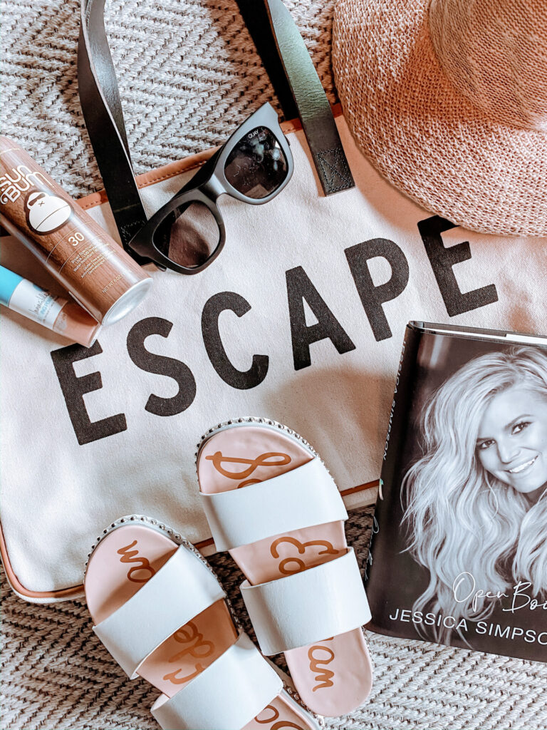 Amazon Favorites by popular Nashville life and style blog, Hello Happiness: image of a Escape tote, straw hat, Jessica Simpson Open Book, Sam Edelman sandals, black sunglasses, and Sun Bum sunscreen. 