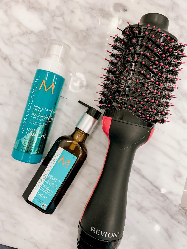 Amazon Prime Day... It's HERE! by popular Nashville lifestyle blog, Hello Happiness: image of Moroccan Oil protectant spray, Revlon One Step hair dryer and volumizer, and Moroccan Oil hair treatment. 