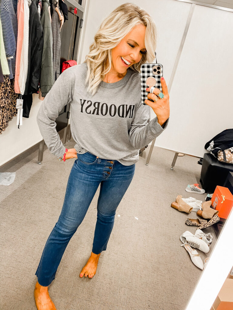 Nordstrom Anniversary Sale by popular Nashville fashion blog, Hello Happiness: image of Natasha Stoneking wearing a Nordstrom Indoorsy Washed Graphic T-Shirt SUB_URBAN RIOT and Nordstrom Cali High Waist Demi Boot Jeans MADEWELL.