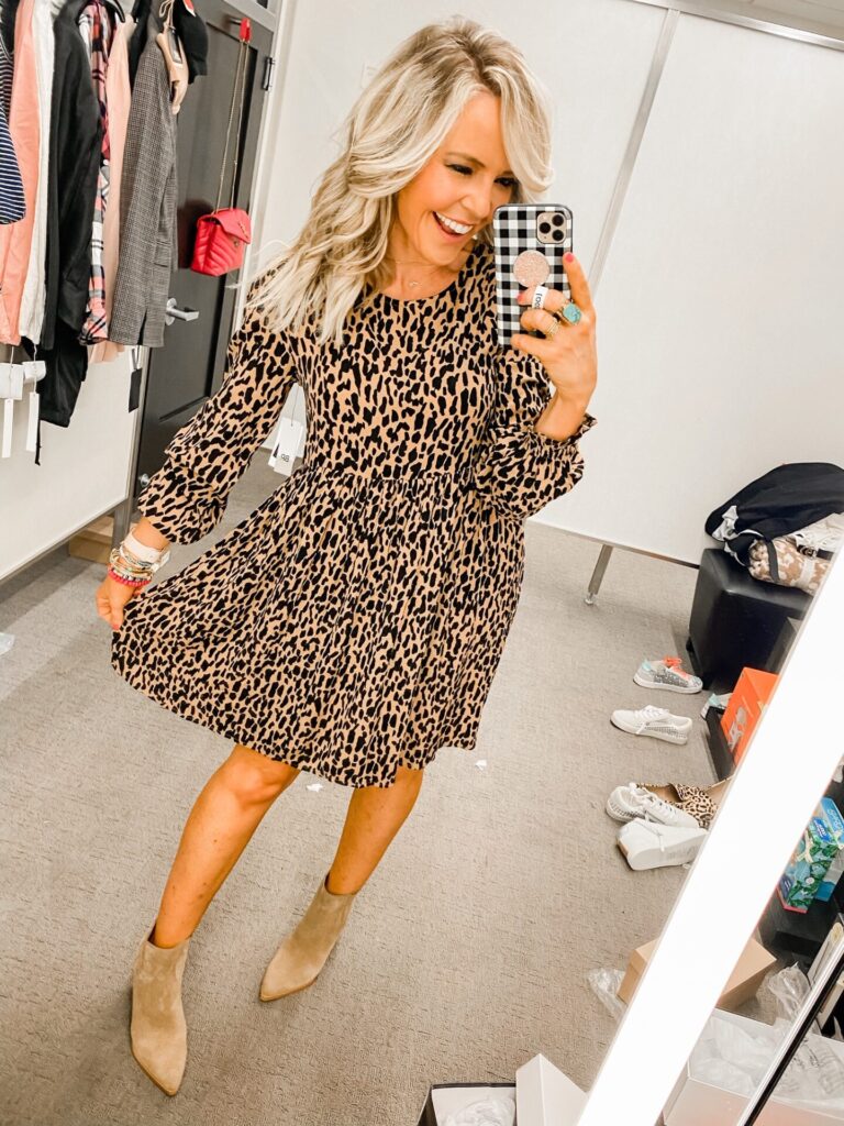 Nordstrom Anniversary Sale by popular Nashville fashion blog, Hello Happiness: image of Natasha Stoneking wearing a Nordstrom Print Long Sleeve Dress BP. and Nordstrom Oshay Pointed Toe Bootie MARC FISHER LTD.