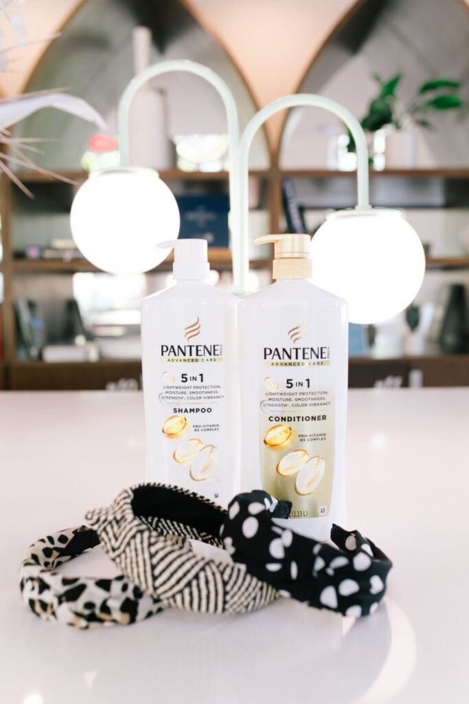Pantene Shampoo and Conditioner by popular Nashville lifestyle blog, Hello Happiness: image of 3 knotted head bands next to a bottle of Pantene advanced care 5 in 1 shampoo and a bottle of Pantene advance care 5 in 1 conditioner. 