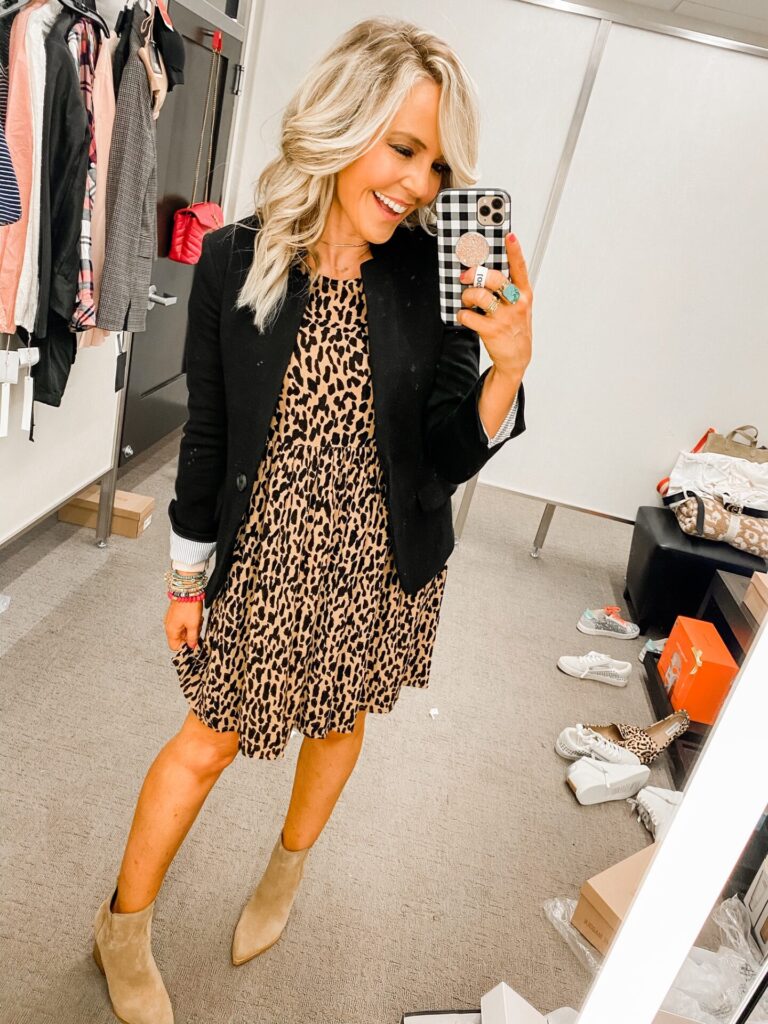 Nordstrom Anniversary Sale by popular Nashville fashion blog, Hello Happiness: image of Natasha Stoneking wearing a Nordstrom Print Long Sleeve Dress BP., Nordstrom Notch Collar Cotton Blend Blazer GIBSON, and Nordstrom Oshay Pointed Toe Bootie MARC FISHER LTD.