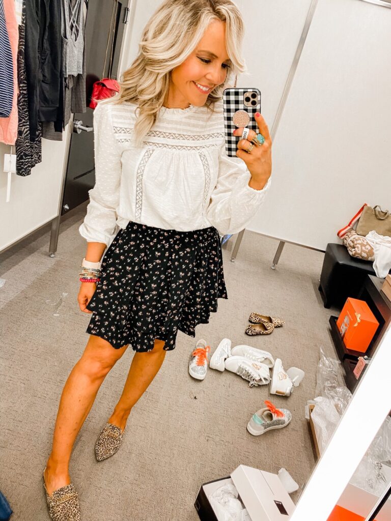 Nordstrom Anniversary Sale by popular Nashville fashion blog, Hello Happiness: image of Natasha Stoneking wearing a Nordstrom Pintuck Lace Detail Long Sleeve Cotton Blouse CASLON®, Nordstrom Print Tiered Miniskirt SOCIALITE, and Nordstrom Forever Chain Pointed Toe Mule STEVE MADDEN.