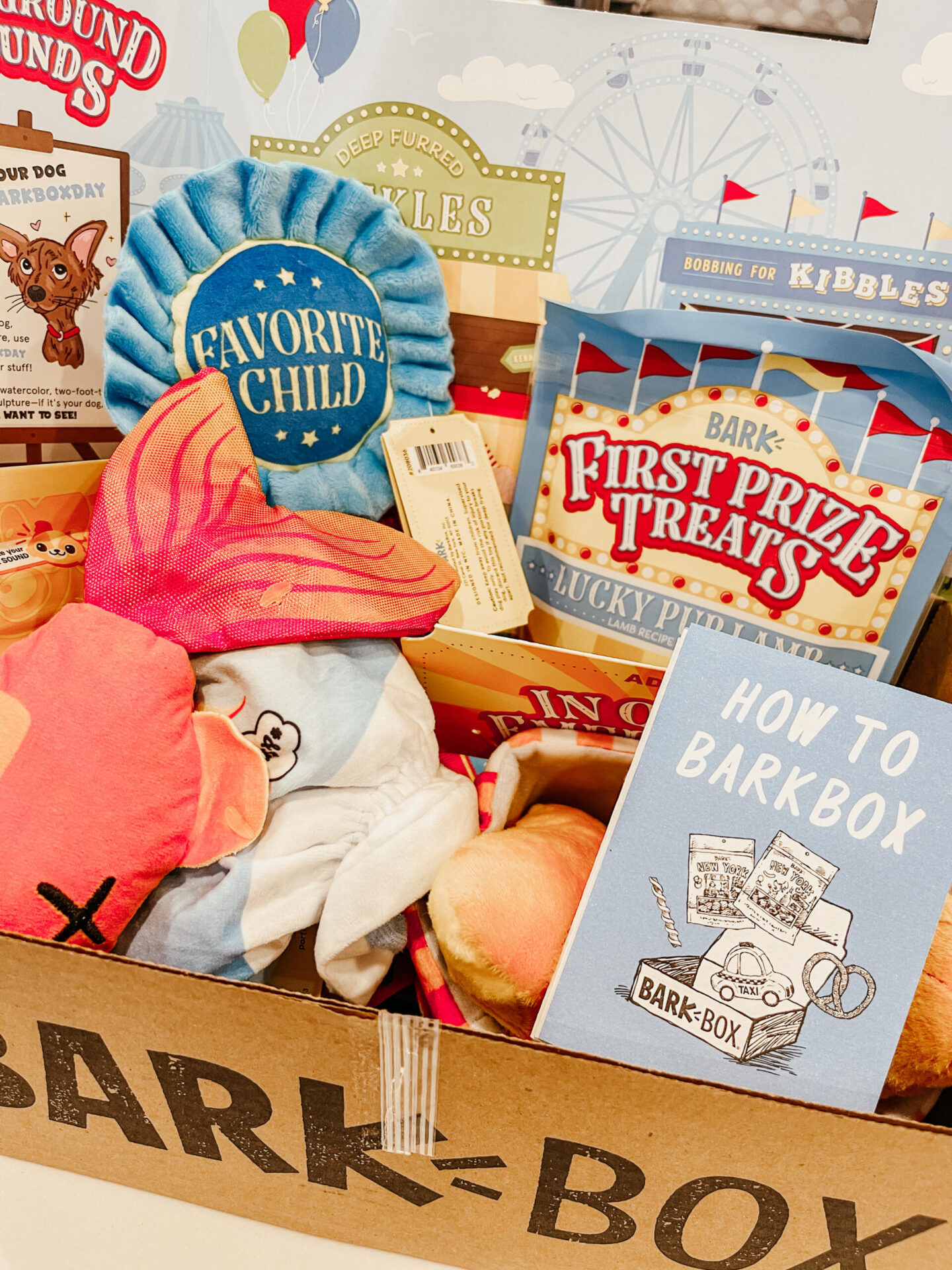 Dog Shops by popular Nashville lifestyle blog, Hello Happiness: image of a Bark Box filled with dog toy and dog treats. 