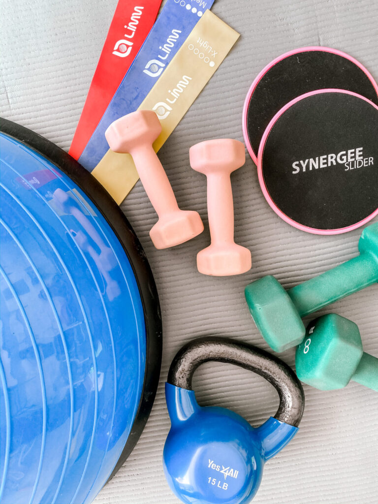 Amazon Favorites by popular Nashville life and style blog, Hello Happiness: image of Synergee core sliders, resistance bands, kettlebell, and Bosu ball. 