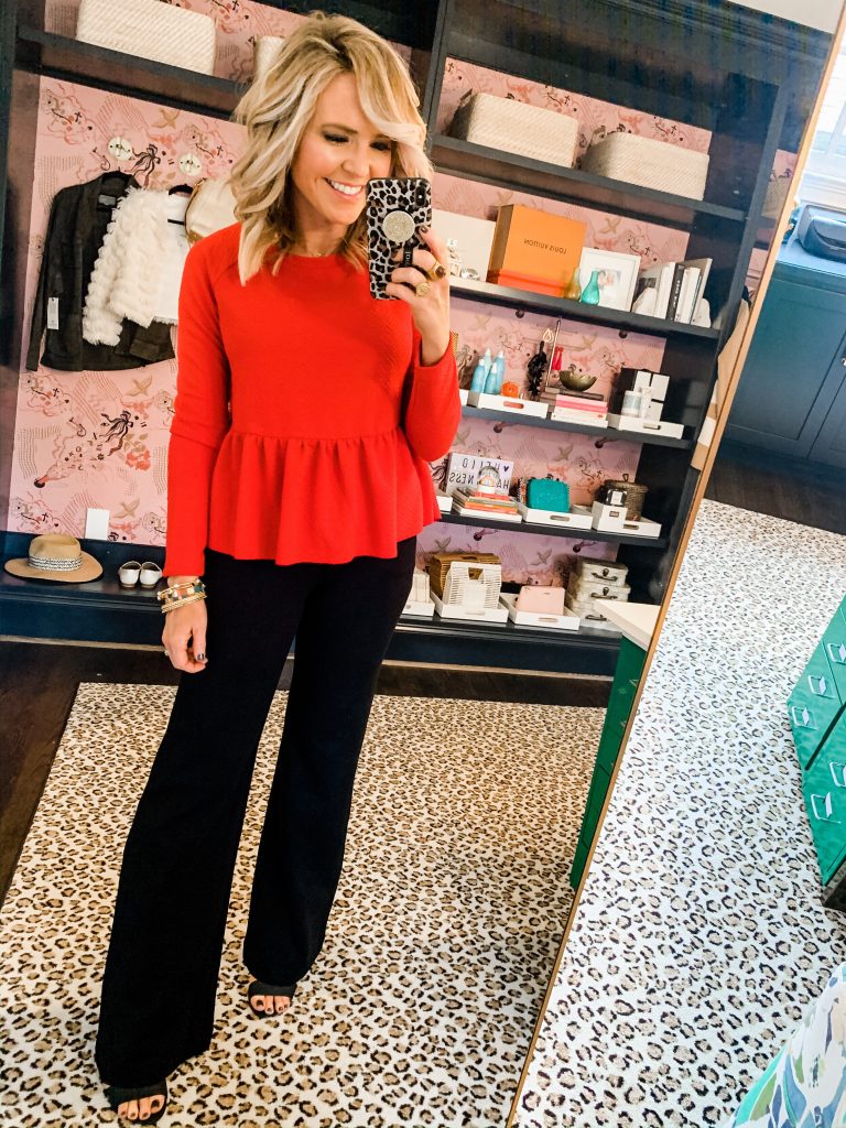 Natasha's Amazon Favorites... October Edition by popular fashion blog, Hello Happiness: image of a Amazon high low peplum blouse and wide leg ponte knit pant. 