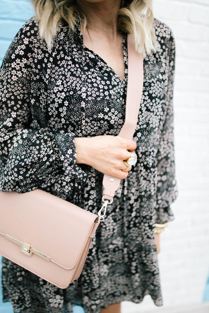 Say Hello to the Vici Collection in 2020! by popular Nashville fashion blog, Hello Happiness: image of a woman wearing a Vici GONNA BE FOREVER RUFFLE TIERED DRESS, Vici HERMIONE FAUX LEATHER CROSSBODY BAG, and Vici ACCOMPANY HEELED BOOTIE - TAUPE.