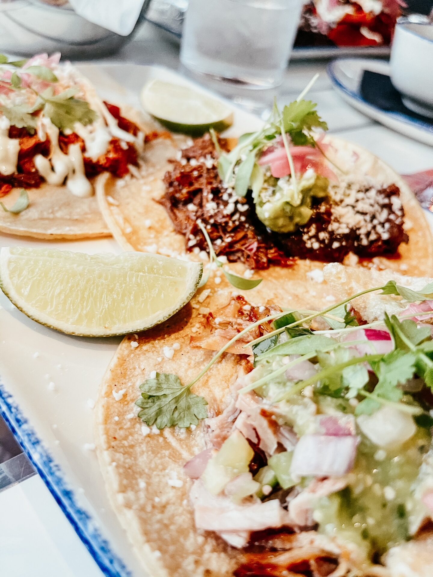 Girls Getaway by popular Nashville travel blog, Hello Happiness: image of three tacos on a white and blue platter. 