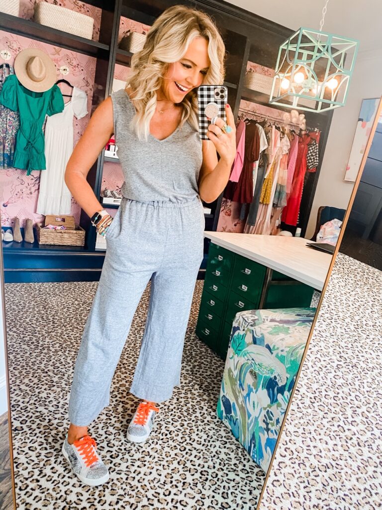 Amazon Favorites by popular Nashville life and style blog, Hello Happiness: image of a woman wearing a Amazon Pima cotton jumpsuit. 