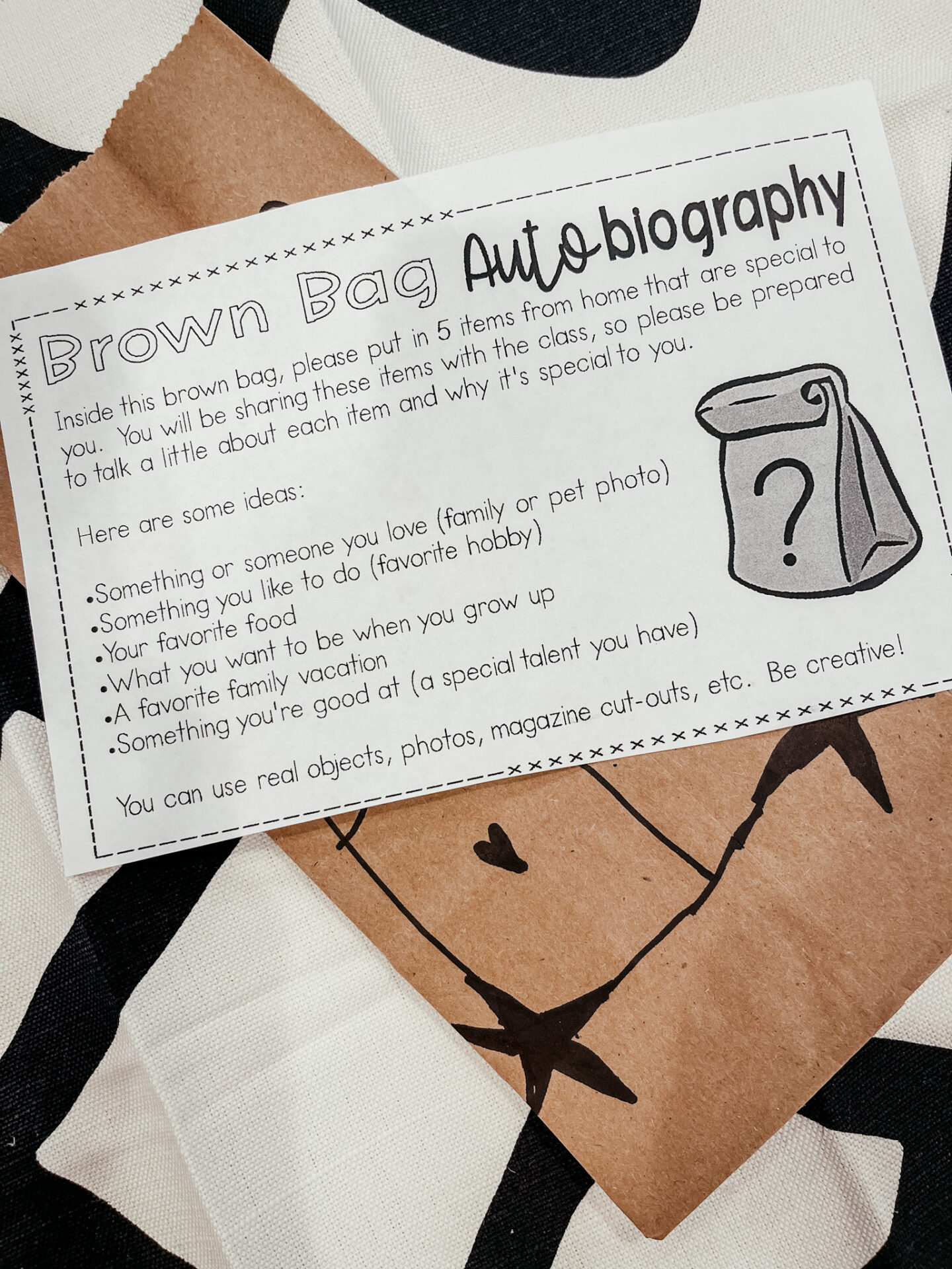 All About Me by popular Nashville lifestyle blog, Hello Happiness: image of a brown bag auto biography project. 