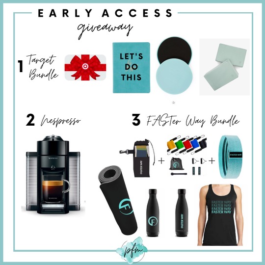 Faster Way to Fat Loss by popular Nashville lifestyle blog, Hello Happiness: collage image of a target gift card, yoga blocks, coffee machines, yoga mat, water bottle, faster way to fat loss tank, and faster way to fat loss workout gear. 