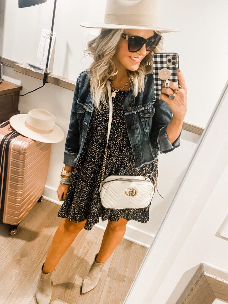 Staycation Ideas by popular Nashville travel blog, Hello Happiness: image of a woman wearing a Urban Outfitters Flat Brim Felt Fedora, Target Women's Puff Short Sleeve Dress, Able MARGARIT RAW EDGE JACKET, Vince Camuto DEVENA WESTERN BOOTIE, Gucci purse, Julie Vos Cascade Hoop, and Quay Australia sunglasses.   