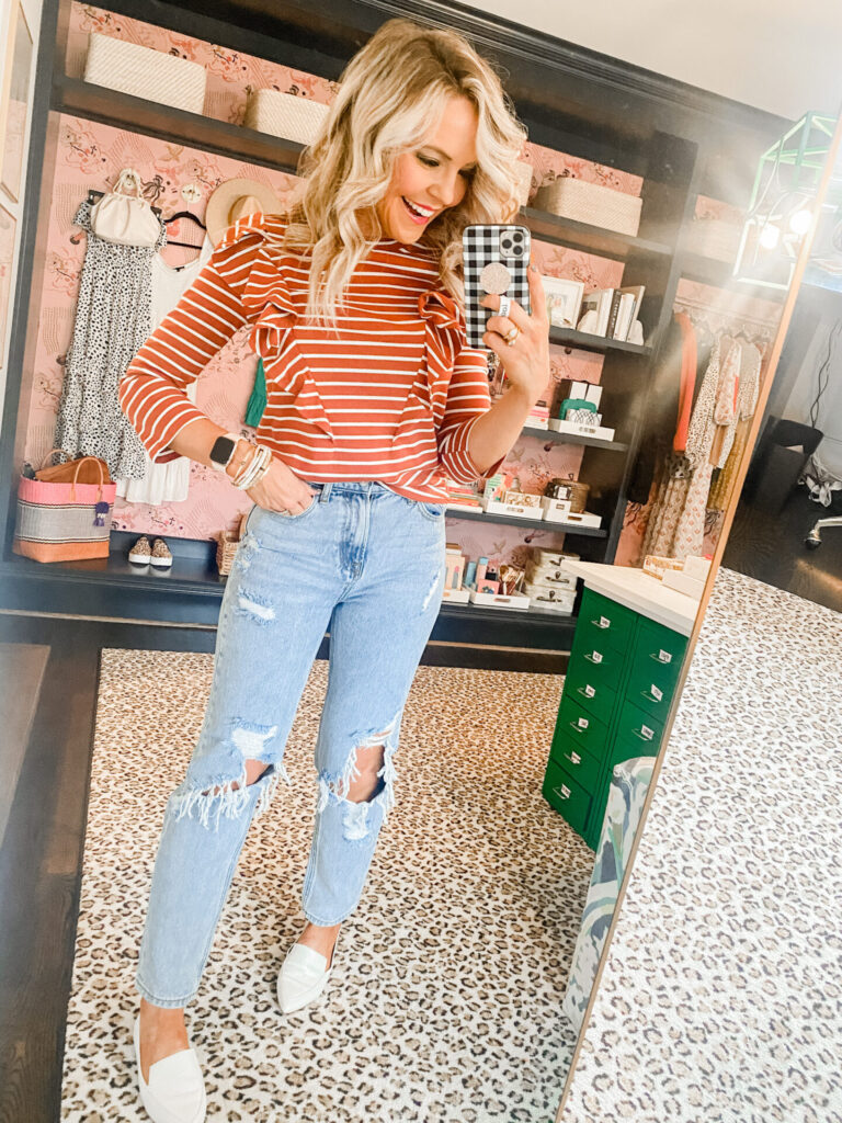 Objectrare by popular Nashville fashion blog, Hello Happiness: image of Natasha Stoneking wearing a Objectrare ENGLISH FACTORY Ruffled Stripe T-Shirt, Steve Madden Gemmy Loafer Flat STEVE MADDEN, and Objectrare ENGLISH FACTORY Straight Jeans.