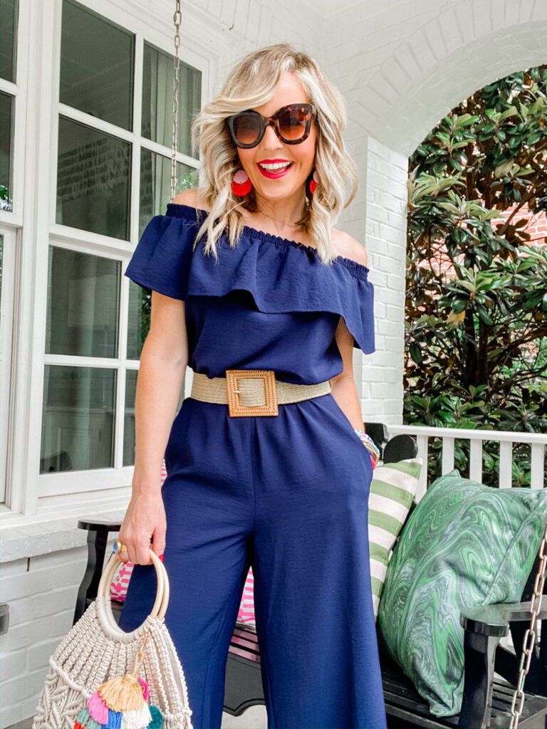 Gibson Look by popular Nashville fashion blog, Hello Happiness: image of Natasha Stoneking wearing a Gibson Look blue off the shoulder ruffle jumpsuit. 