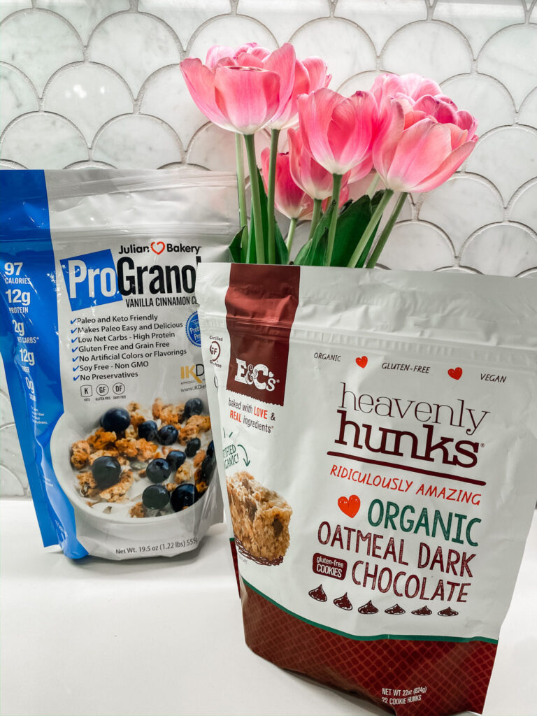 Amazon Favorites by popular Nashville life and style blog, Hello Happiness: image of a Heavenly Hunks Organic Oatmeal dark chocolate and Julian Baker ProGranola. 