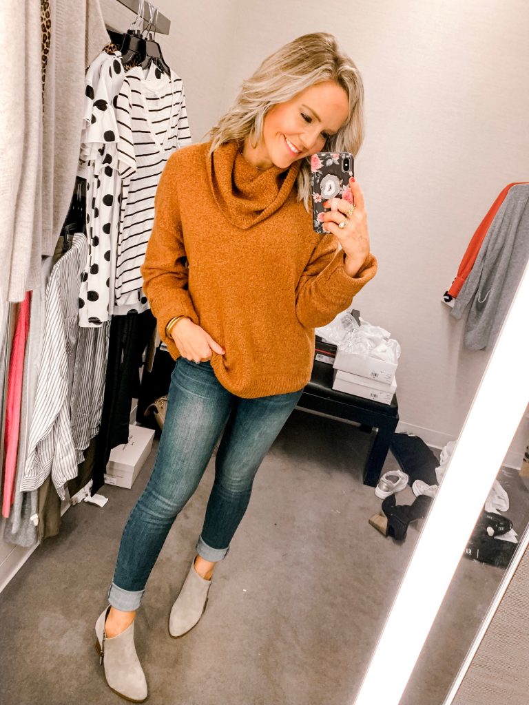 It's LIVE, The 2019 Nordstrom Anniversary Sale... First Look Favs + Dressing Room Diaries by popular Nashville fashion blog, Hello Happiness: image of a woman standing in a Nordstrom dressing room and wearing a Chelsea28 Rib Neck Funnel Sweater, Wit and Wisdom Absolution Skinny Jeans, and 1 State Kaleb Wedge Bootie. 