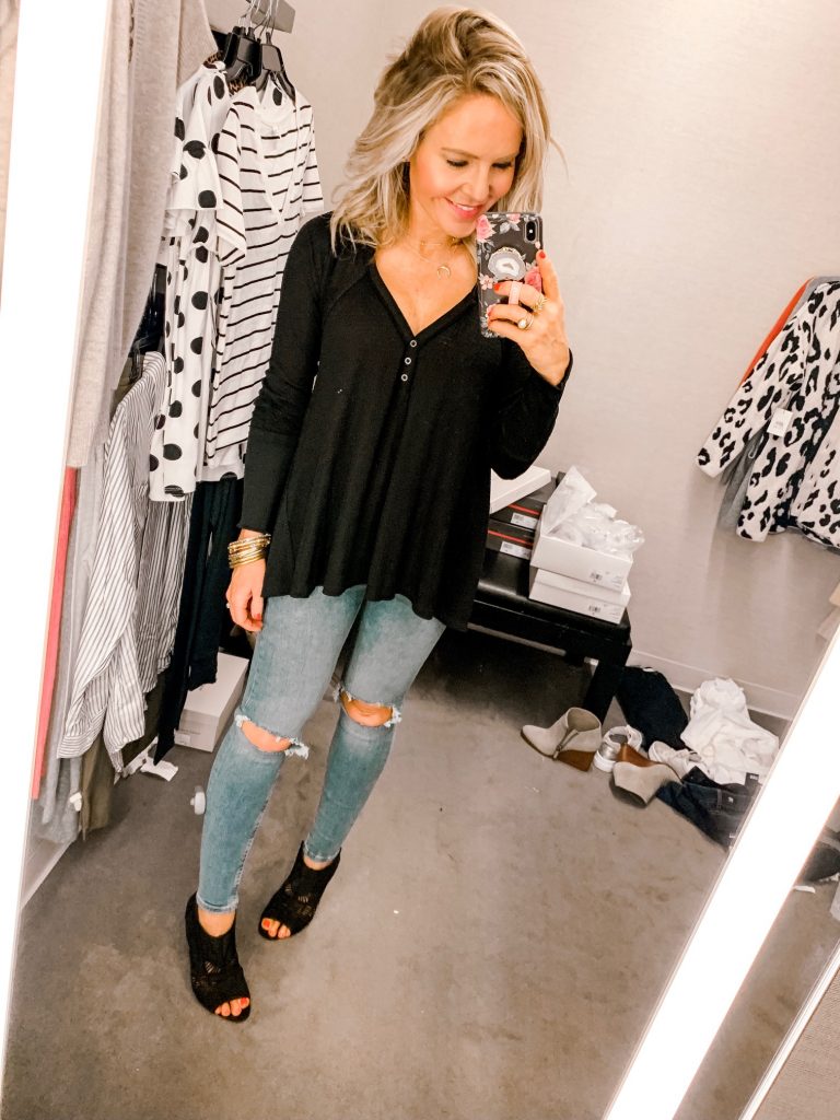 It's LIVE, The 2019 Nordstrom Anniversary Sale... First Look Favs + Dressing Room Diaries by popular Nashville fashion blog, Hello Happiness: image of a woman standing in a Nordstrom dressing room and wearing a Free People Citrine Tee and Free People High Rise Busted Knee Jeans. 