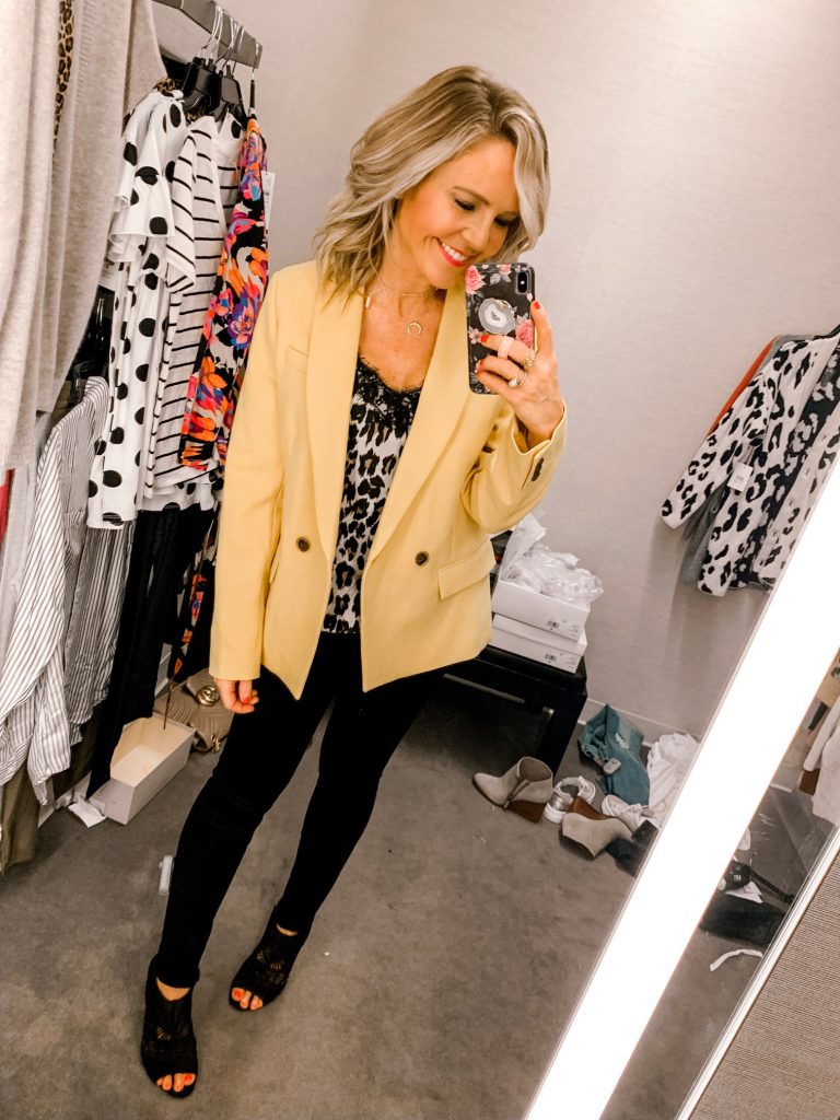It's LIVE, The 2019 Nordstrom Anniversary Sale... First Look Favs + Dressing Room Diaries by popular Nashville fashion blog, Hello Happiness: image of a woman standing in a Nordstrom dressing room and wearing a JCrew Dover Blazer.