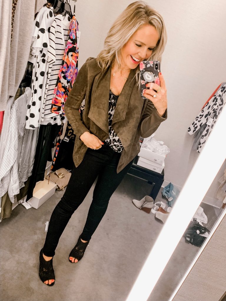 It's LIVE, The 2019 Nordstrom Anniversary Sale... First Look Favs + Dressing Room Diaries by popular Nashville fashion blog, Hello Happiness: image of a woman standing in a Nordstrom dressing room and wearing a BB Dakota Wade Drape Front Faux Suede Jacket and BP Lace Trim Satin Cami. 