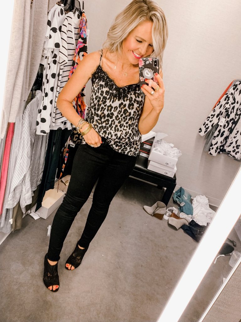 It's LIVE, The 2019 Nordstrom Anniversary Sale... First Look Favs + Dressing Room Diaries by popular Nashville fashion blog, Hello Happiness: image of a woman standing in a Nordstrom dressing room and wearing a BP Lace Trim Satin Cami.