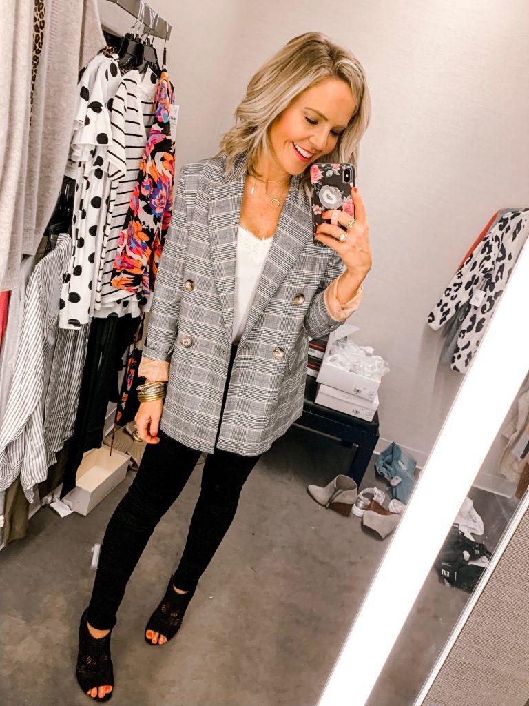 It's LIVE, The 2019 Nordstrom Anniversary Sale... First Look Favs + Dressing Room Diaries by popular Nashville fashion blog, Hello Happiness: image of a woman standing in a Nordstrom dressing room and wearing a Topshop Double Breasted Plaid Blazer.