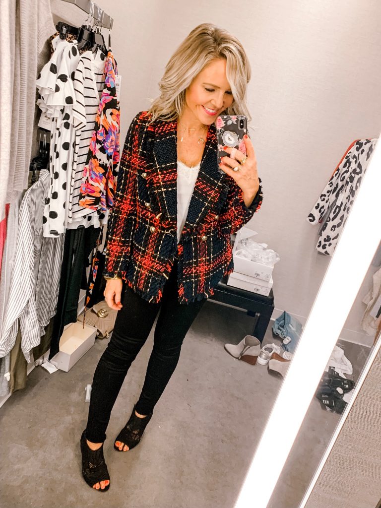 It's LIVE, The 2019 Nordstrom Anniversary Sale... First Look Favs + Dressing Room Diaries by popular Nashville fashion blog, Hello Happiness: image of a woman standing in a Nordstrom dressing room and wearing a Halogen Shawl Collar Blazer