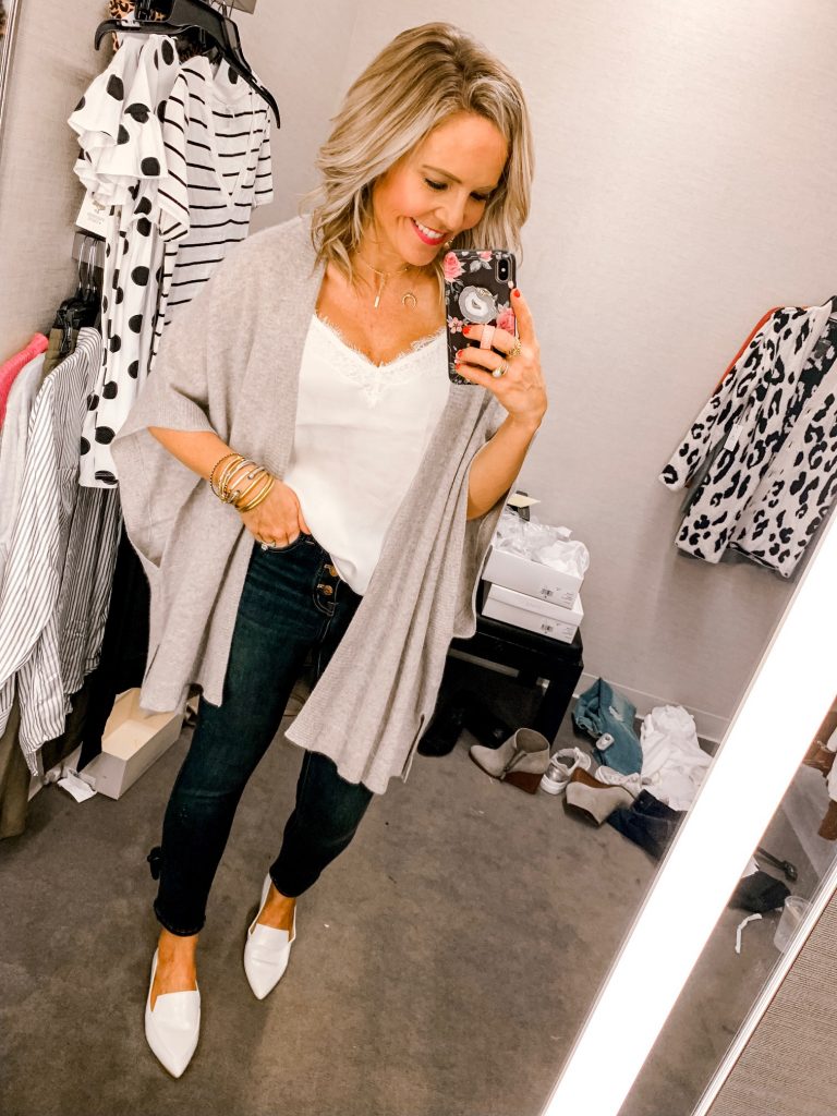 It's Public Access Time for the Nordstrom Anniversary Sale by popular Nashville fashion blog, Hello Happiness: image of a woman in a Nordstrom dressing room wearing a Marc Fisher Zuri Flat and Madewell 10-Inch High Rise Skinny Jeans w/Button Front. 