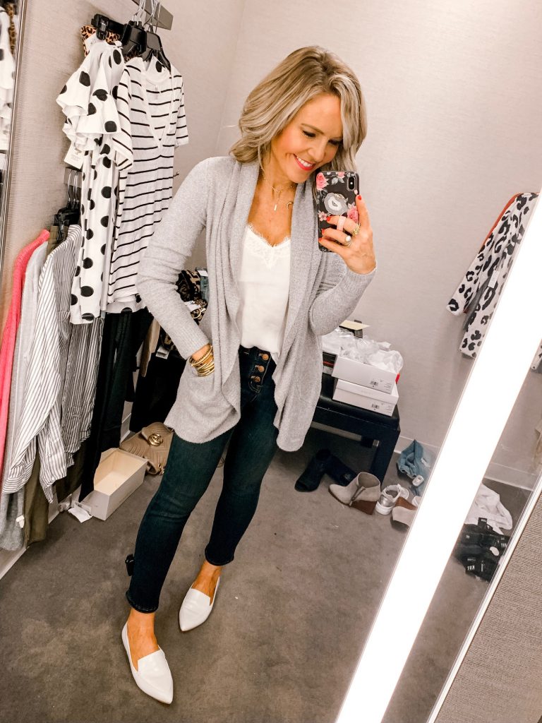 It's LIVE, The 2019 Nordstrom Anniversary Sale... First Look Favs + Dressing Room Diaries by popular Nashville fashion blog, Hello Happiness: image of a woman standing in a Nordstrom dressing room and wearing a Barefoot Dreams® CozyChic Lite® Circle Cardigan.