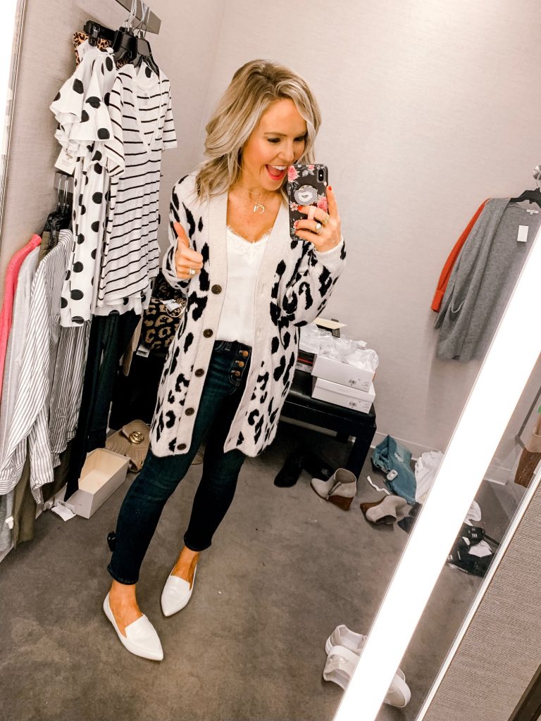 It's LIVE, The 2019 Nordstrom Anniversary Sale... First Look Favs + Dressing Room Diaries by popular Nashville fashion blog, Hello Happiness: image of a woman standing in a Nordstrom dressing room and wearing a Something Navy Leopard Cardigan, BP Lace Trim Satin Cami, Madewell 10-Inch High Rise Skinny Jeans w/Button Front, and Marc Fisher Zuri Flat.