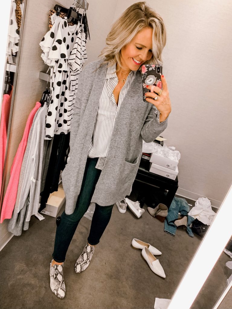 It's Public Access Time for the Nordstrom Anniversary Sale by popular Nashville fashion blog, Hello Happiness: image of a woman in a Nordstrom dressing room wearing a Madewell Ryder Cardigan, Madewell Classic Ex-Boyfriend Stripe Shirt, and Steve Madden Rockstar Bootie. 
