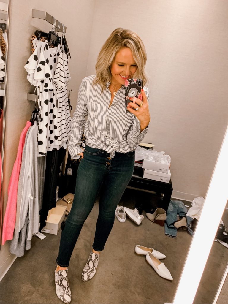 It's LIVE, The 2019 Nordstrom Anniversary Sale... First Look Favs + Dressing Room Diaries by popular Nashville fashion blog, Hello Happiness: image of a woman standing in a Nordstrom dressing room and wearing a Madewell Classic Ex-Boyfriend Stripe Shirt, and Steve Madden Rockstar Bootie.
