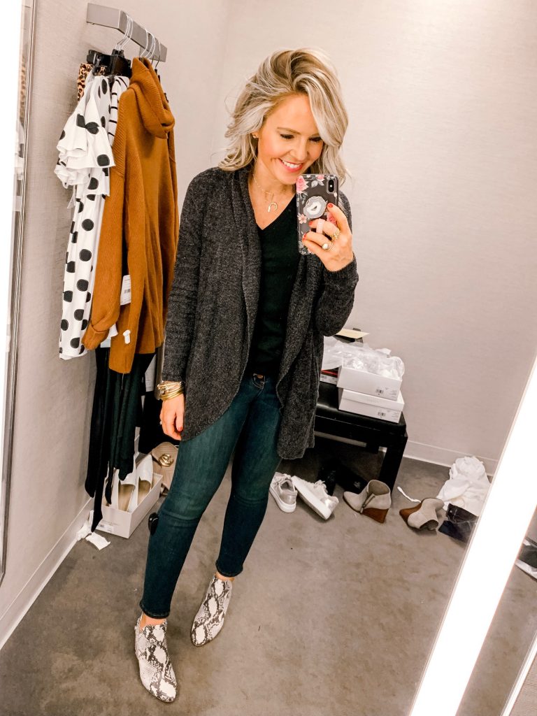 It's LIVE, The 2019 Nordstrom Anniversary Sale... First Look Favs + Dressing Room Diaries by popular Nashville fashion blog, Hello Happiness: image of a woman standing in a Nordstrom dressing room and wearing a Barefoot Dreams® CozyChic Lite® Circle Cardigan and BP VNeck Tee. 