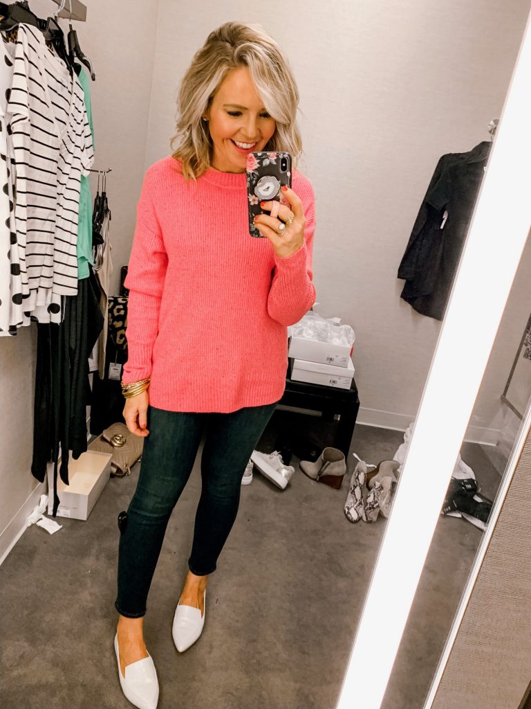It's LIVE, The 2019 Nordstrom Anniversary Sale... First Look Favs + Dressing Room Diaries by popular Nashville fashion blog, Hello Happiness: image of a woman standing in a Nordstrom dressing room and wearing a Something Navy Flecked Crewneck Sweater.