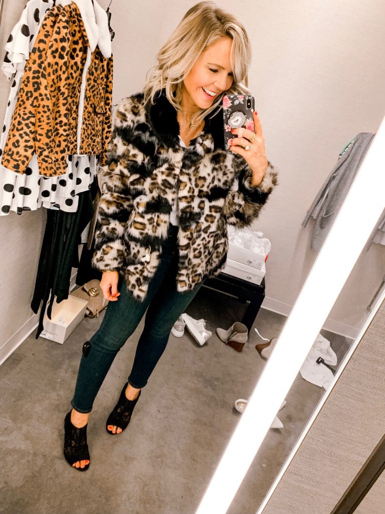 It's LIVE, The 2019 Nordstrom Anniversary Sale... First Look Favs + Dressing Room Diaries by popular Nashville fashion blog, Hello Happiness: image of a woman standing in a Nordstrom dressing room and wearing a Sam Edelman Faux Fur Leopard Coat.