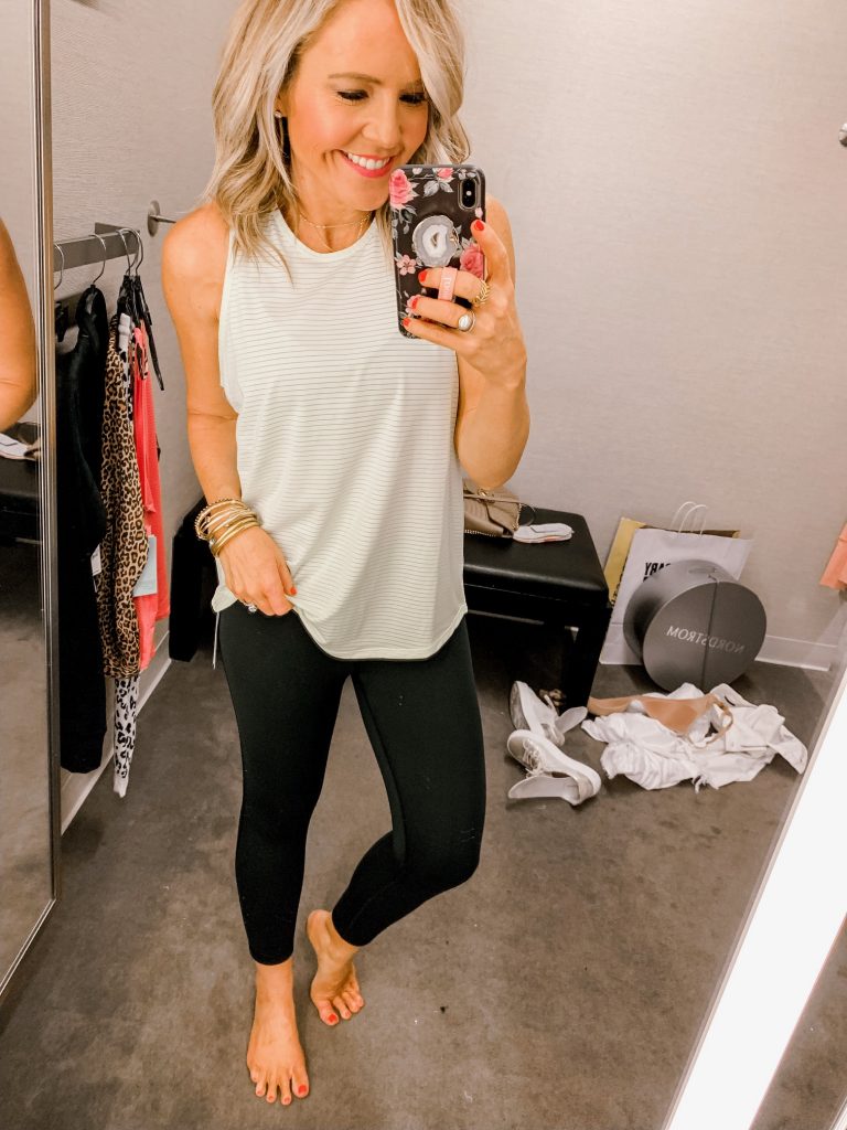 It's Public Access Time for the Nordstrom Anniversary Sale by popular Nashville fashion blog, Hello Happiness: image of a woman in a Nordstrom dressing room wearing a Zella Yogista Striped Tank.