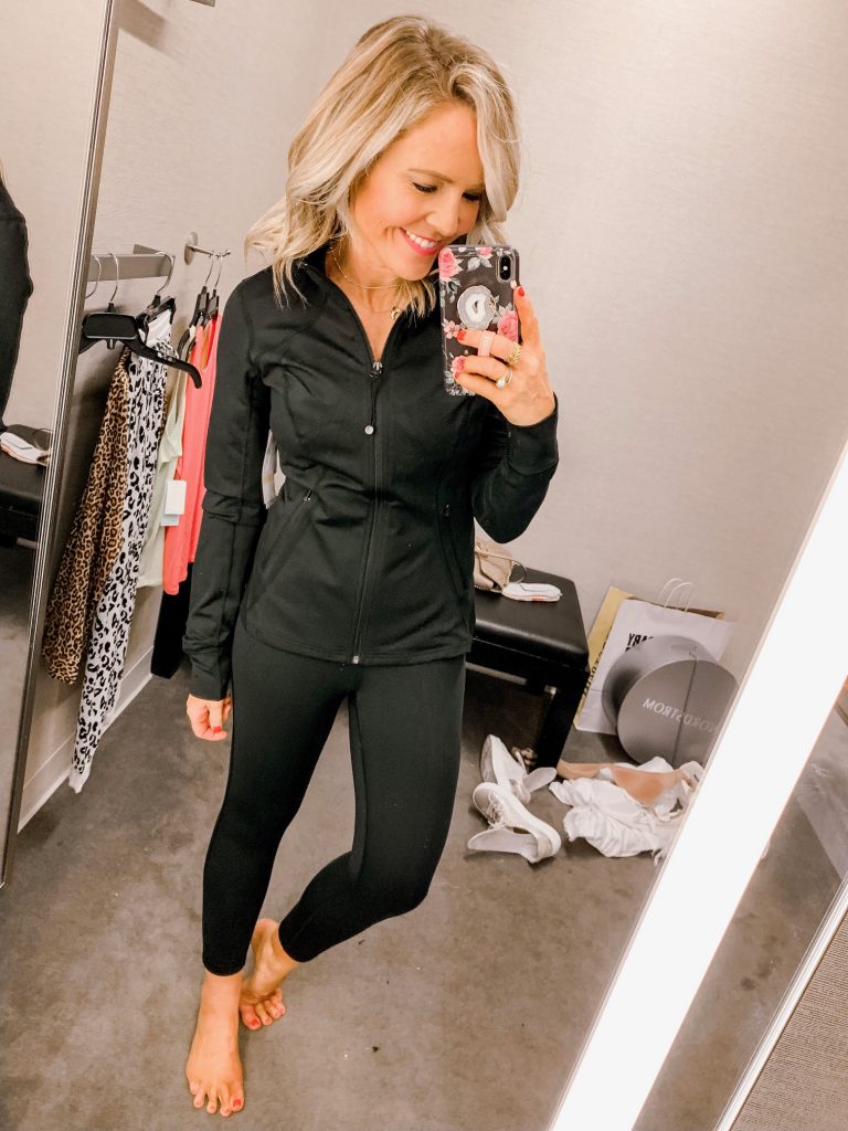 It's LIVE, The 2019 Nordstrom Anniversary Sale... First Look Favs + Dressing Room Diaries by popular Nashville fashion blog, Hello Happiness: image of a woman standing in a Nordstrom dressing room and wearing a Zella Live-In Jacket.