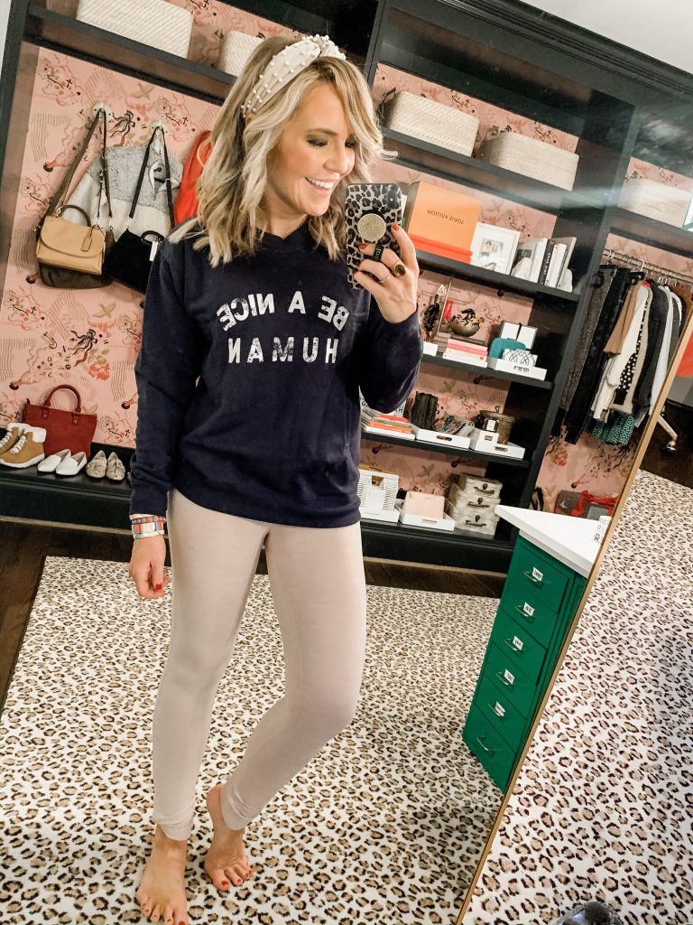 Staple Everyday Style + New Favs | We Dress America by popular Nashville fashion blog, Hello Happiness: image of a woman wear a Walmart Sub Urban Riot Women's Athleisure Be A Nice Human Willow Sweatshirt.