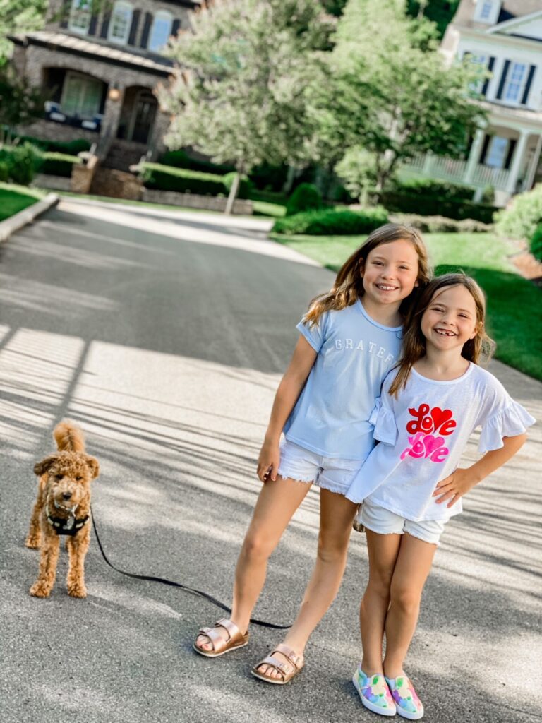 Year in Review by popular Nashville lifestyle blog, Hello Happiness: image of two young girls standing together outside while walking their dog. 