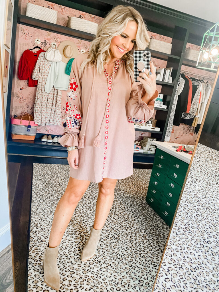 Objectrare by popular Nashville fashion blog, Hello Happiness: image of Natasha Stoneking wearing a Objectrare FREE THE ROSES Embroidered Sleeve Dress and Marc Fisher LTD  ALVA POINTY TOE BOOTIE.