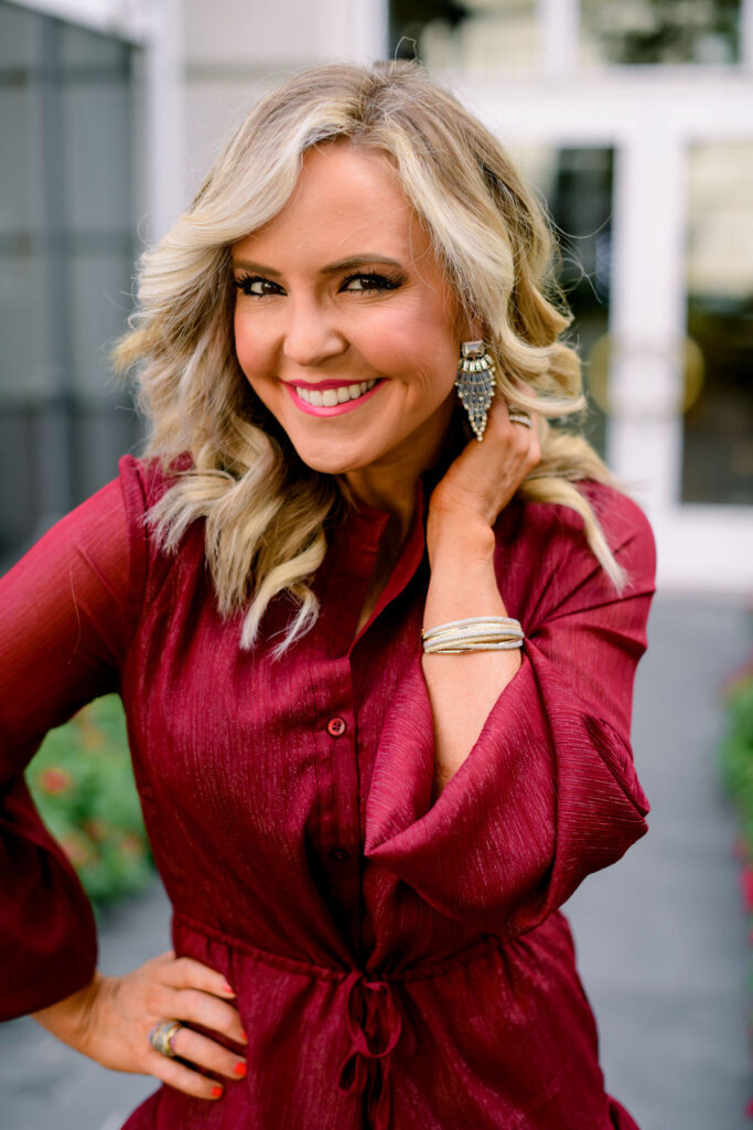 Accessory Concierge by popular Nashville fashion blog, Hello Happiness: image of Natasha Stoneking wearing the Accessory Concierge Soleil Chandelier drop earrings. 