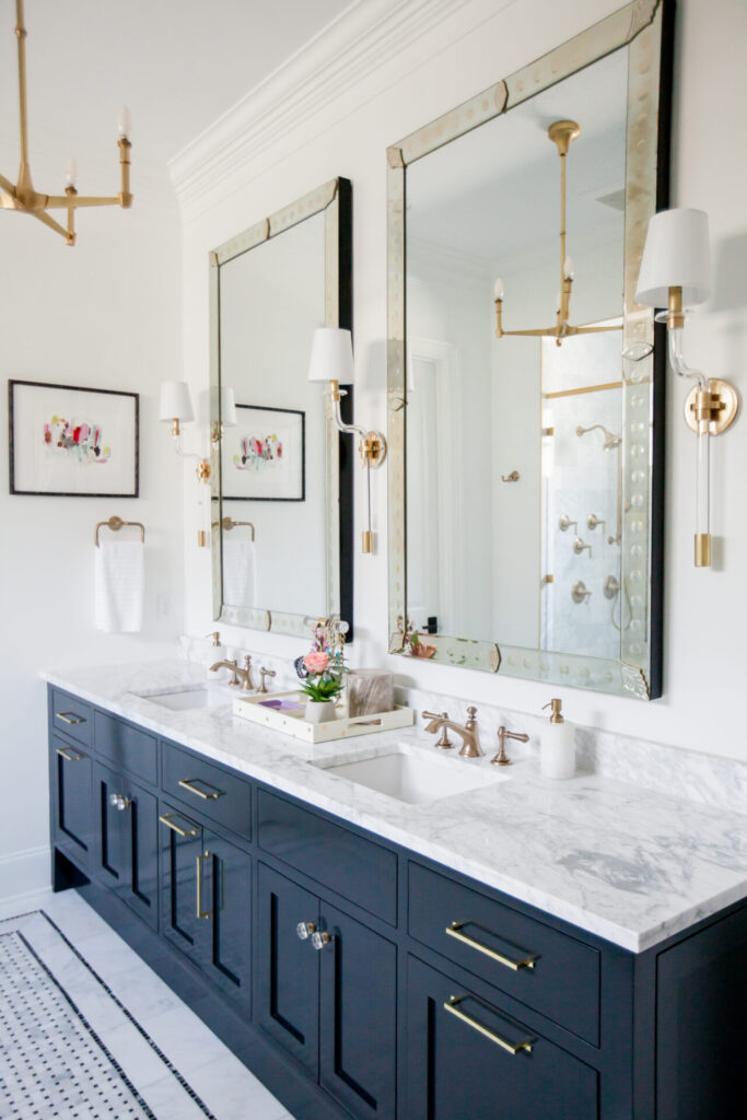 Home Paint Colors by popular Nashville life and style blog, Hello Happiness: image of a master bathroom painted in Sherwin Williams SW 6990. 