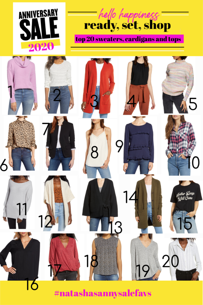 Nordstrom Anniversary Sale by popular Nashville fashion blog, Hello Happiness: collage image of a Nordstrom Caslon Turtleneck Sweater, Nordstrom Caslon Long Sleeve TShirt, Nordstrom Madewell Kent Cardigan Sweater, Nordstrom Halogen Sleeveless Blouse, Nordstrom Topshop Space Dye Turtleneck Sweater, Nordstrom JCrew Print Poplin Pullover, Nordstrom Gibson Cotton Blazer, Nordstrom 1.State Chiffon Inset Camisole, Nordstrom JCrew Vintage Ruffle Long Sleeve Tee, Nordstrom Rails Hunter Plaid Shirt, Nordstrom Chelsea28 Ribbed OTS Sweater, Nordstrom Leith Open Front Dolman Cardigan, Nordstrom Madewell Madison Cardigan, Nordstrom Treasure + Bond Longline Cardigan, Nordstrom  Project Social T Better Days Will Come TShirt, Nordstrom  Vince Camuto Rumple Fabric Blouse, Nordstrom All in Favor Twist Hem Top, Nordstrom Caslon Printed Sleeveless Top, Nordstrom Gibson Cozy V-Neck Tunic, and Nordstrom Chelsea28 Pintuck Blouse.