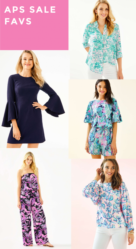 Hip Hip Hooray... The Lilly After Party Sale is Here! by popular Nashville fashion blog, Hello Happiness: image of Lilly Pulitzer Sea View Button Down Top, Navy Kayla Stretch Dress, Britton Romper, Pim Strapless Jumpsuit, Maisel Top. 