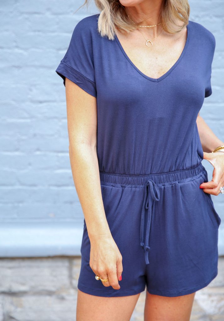 Summer Capsule Wardrobe featured by top US fashion blog Hello! Happiness; Image of a woman wearing Social Threads jersey romper and Zappos wedges.