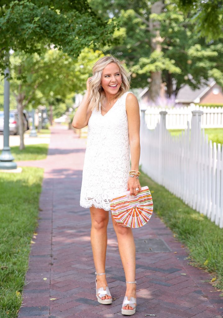 Summer Capsule Wardrobe featured by top US fashion blog Hello! Happiness; Image of a woman wearing Social Threads lace dress and Amazon bag.