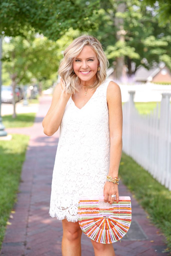Summer Capsule Wardrobe featured by top US fashion blog Hello! Happiness; Image of a woman wearing Social Threads lace dress and Amazon bag.
