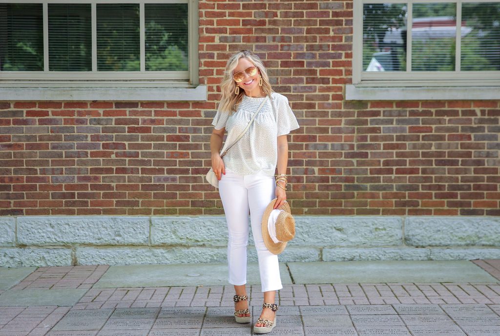 Summer Capsule Wardrobe featured by top US fashion blog Hello! Happiness; Image of a woman wearing Social Threads blouse and Blank NYC jeans.