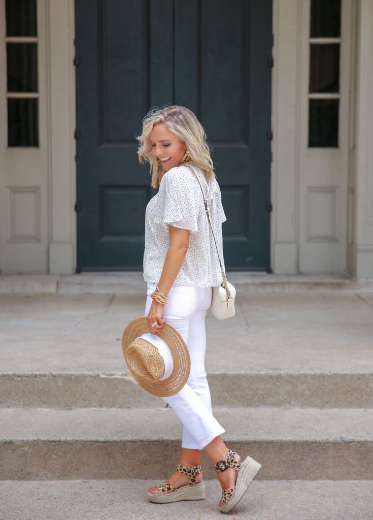 Summer Capsule Wardrobe featured by top US fashion blog Hello! Happiness; Image of a woman wearing Social Threads blouse and Blank NYC jeans.