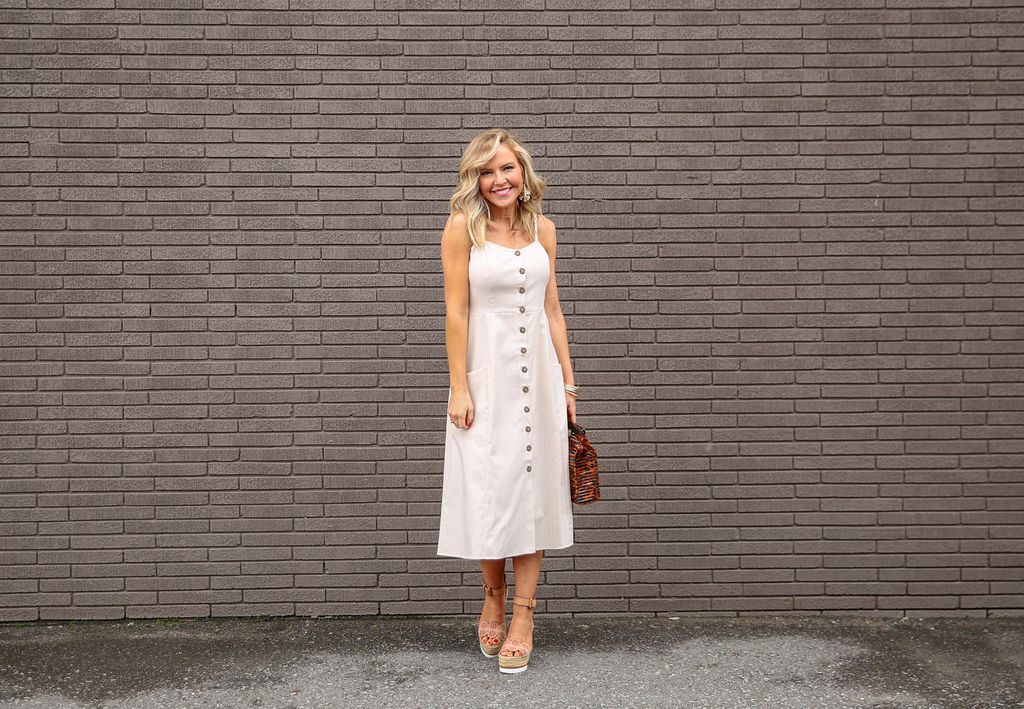 Cute Spring Dresses featured by top US fashion blog Hello! Happiness; Image of a woman wearing WAYF Dress, Eyelet Wedges, Tortoise Basket Bag and Ivory Beaded Earrings.